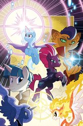 Size: 755x1147 | Tagged: safe, artist:tony fleecs, idw, capper dapperpaws, daybreaker, princess luna, stygian, tempest shadow, trixie, abyssinian, alicorn, pony, unicorn, anthro, g4, my little pony: the movie, nightmare knights, spoiler:comic, spoiler:comicnightmareknights05, armor, broken horn, cape, chest fluff, clothes, coat, cover, eye scar, female, glowing horn, horn, jewelry, levitation, looking at you, magic, male, mare, regalia, scar, stallion, telekinesis