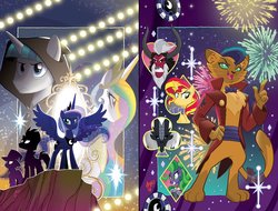 Size: 1511x1147 | Tagged: safe, artist:tony fleecs, idw, capper dapperpaws, fizzlepop berrytwist, lord tirek, mane-iac, princess celestia, princess luna, stygian, sunset shimmer, tempest shadow, trixie, alicorn, earth pony, pony, unicorn, anthro, g4, my little pony: the movie, nightmare knights, spoiler:comic, spoiler:comicnightmareknights01, angry, anthro with ponies, armor, bowtie, broken horn, chest fluff, cloak, clothes, coat, cover, crown, female, fireworks, glowing eyes, hat, hoof hold, horn, jewelry, looking at you, male, mare, nose piercing, nose ring, piercing, playing card, poker chips, regalia, septum piercing, sexy, stallion, storm guard, stupid sexy capper, top hat