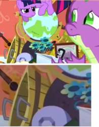 Size: 1080x1385 | Tagged: safe, edit, edited screencap, screencap, spike, twilight sparkle, pony, unicorn, g4, secret of my excess, elements of harmony, female, flower, flower vase, globe, guitar, kitchen sink, mare, seventh element, unicorn twilight, zoom