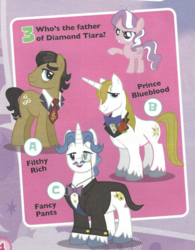 Size: 434x555 | Tagged: safe, diamond tiara, fancypants, filthy rich, prince blueblood, earth pony, pony, unicorn, g4, cropped, female, filly, foal, magazine scan, male, question, stallion