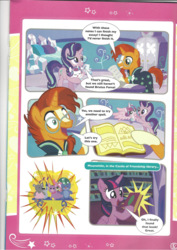 Size: 826x1169 | Tagged: safe, princess flurry heart, starlight glimmer, sunburst, twilight sparkle, pony, unicorn, g4, baby, book, comic, diaper, foal, magazine scan, male, stallion, the quest for the lost toy