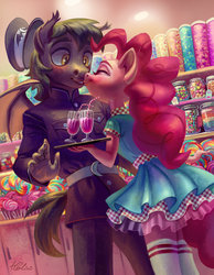 Size: 2160x2777 | Tagged: dead source, safe, artist:holivi, pinkie pie, oc, oc:romuald nocturne, bat pony, earth pony, anthro, g4, anthro oc, bat pony oc, candy, candy shop, canon x oc, clothes, commission, cup, cupcake, drink, eyes closed, female, food, glass, hat, high res, kissing, lollipop, male, milkshake, pants, signature, skirt, smiling, socks, stockings, straight, suit, thigh highs, tray, uniform, zettai ryouiki
