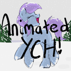 Size: 800x800 | Tagged: safe, artist:lannielona, pony, advertisement, animated, caption, commission, eyes closed, gif, gif with captions, happy, sketch, smiling, snow, snowfall, solo, tree, your character here