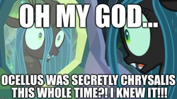 Size: 1280x720 | Tagged: safe, edit, edited screencap, screencap, ocellus, queen chrysalis, changeling, changeling queen, g4, what lies beneath, caption, disguise, disguised changeling, excessive exclamation marks, female, image macro, queen chrysellus, shocked, text, trolling, what a twist