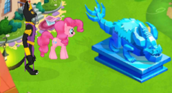 Size: 401x218 | Tagged: safe, gameloft, abyssinian queen, pinkie pie, abyssinian, earth pony, pony, slingtail, anthro, digitigrade anthro, g4, anthro with ponies, duo, female, game screencap, gameloft shenanigans, mare, spiketail, statue