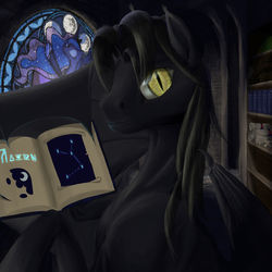 Size: 2480x2480 | Tagged: safe, artist:kirillk, princess luna, oc, oc:romuald nocturne, bat pony, pony, g4, bat pony oc, book, bookshelf, constellation, high res, library, scroll, slit pupils, stained glass