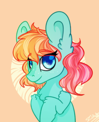 Size: 2710x3319 | Tagged: safe, artist:zira, oc, oc only, earth pony, pony, art, blue, color, colorful, cute, digital art, female, fluffy, food, green, orange, pink, rainbow, simple background, solo, sparkle