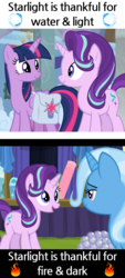 Size: 880x1940 | Tagged: safe, edit, edited screencap, screencap, starlight glimmer, trixie, twilight sparkle, alicorn, pony, unicorn, g4, road to friendship, school raze, chest, comic, cute, darkness, fire, friendship, grass, holiday, light, pillar, rug, saddle bag, school of friendship, screencap comic, smiling, smoke bomb, stage, text, thanksgiving, twilight sparkle (alicorn), water