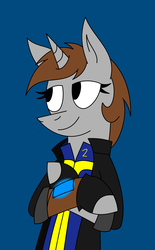 Size: 1163x1880 | Tagged: safe, artist:derpanater, oc, oc only, oc:littlepip, pony, unicorn, fallout equestria, blue background, clothes, fanfic, fanfic art, female, hooves, horn, jacket, jumpsuit, mare, pipbuck, simple background, smiling, solo, vault suit