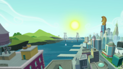 Size: 1440x810 | Tagged: safe, screencap, g4, made in manehattan, architecture, bridge, building, city, cityscape, crystaller building, friendship express, manehattan, no pony, pier, piers, sailboat, scenery, skyline, stadium, sun, train, water tower