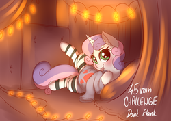 Size: 2480x1754 | Tagged: safe, artist:dankflank, sweetie belle, pony, unicorn, g4, 30 minute art challenge, blushing, clothes, cute, female, filly, fort, lights, pillow, pillow fort, socks, solo, striped socks, sweater, thigh highs, tongue out