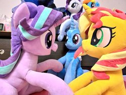 Size: 1024x768 | Tagged: safe, artist:nekokevin, princess luna, rainbow dash, rarity, starlight glimmer, sunset shimmer, trixie, alicorn, pegasus, pony, unicorn, series:nekokevin's glimmy, g4, counterparts, female, happy, irl, looking at each other, magical trio, mare, open mouth, photo, plushie, sitting, twilight's counterparts
