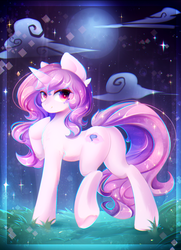 Size: 1736x2396 | Tagged: safe, artist:koveliana, oc, oc only, oc:tender dream, pony, unicorn, butt, cloud, commission, female, full moon, grass, looking at you, looking back, mare, moon, night, plot, smiling, solo, stars