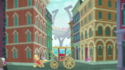 Size: 1440x810 | Tagged: safe, screencap, beaude mane, blueberry curls, colton john, levon song, silver berry, earth pony, pony, g4, made in manehattan, season 5, background pony, bridge, building, carriage, city, coach, female, friendship express, male, manehattan, mare, stallion, train, unnamed character, unnamed pony, unshorn fetlocks