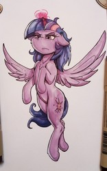 Size: 2195x3514 | Tagged: safe, artist:alcor, derpibooru exclusive, twilight sparkle, alicorn, pony, g4, chest fluff, female, floppy ears, fluffy, flying, frown, glare, glowing horn, high res, horn, human shoulders, magic, mare, solo, spread wings, sternocleidomastoid, traditional art, twilight sparkle (alicorn), twilight sparkle is not amused, unamused, wings