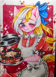 Size: 2590x3539 | Tagged: safe, artist:manekoart, oc, oc only, oc:bay breeze, anthro, g4, anthro oc, apron, blushing, bow, cake, clothes, cute, dress, female, food, hair bow, high res, mare, ocbetes, one eye closed, photo, puffy sleeves, solo, traditional art, wink