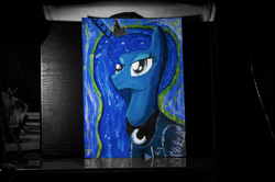 Size: 4288x2848 | Tagged: safe, artist:calveen, princess luna, alicorn, pony, g4, acrylic painting, collar, crown, jewelry, marker drawing, painting, photo, reflection, regalia, traditional art, unamused, wings
