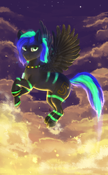 Size: 670x1080 | Tagged: safe, artist:aishamishizuomi, oc, oc only, oc:moonstone mark, pegasus, pony, cloud, cutie mark, flying, jewelry, male, necklace, night, sky, solo, stallion, wings, ych result