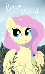 Size: 1173x1920 | Tagged: safe, artist:kebchach, fluttershy, pegasus, pony, g4, :3, :p, best pony, cloud, cute, female, grass, hooves, lineless, looking at you, mare, raised hoof, shyabetes, silly, sky, solo, text, tongue out, truth, wings