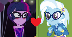 Size: 1984x1024 | Tagged: safe, edit, trixie, twilight sparkle, best trends forever, best trends forever: twilight sparkle, equestria girls, g4, my little pony equestria girls: better together, my little pony equestria girls: legend of everfree, female, glasses, heart, lesbian, ship:twixie, shipping, shipping domino