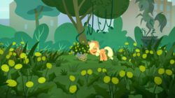 Size: 1440x808 | Tagged: safe, screencap, applejack, earth pony, pony, g4, made in manehattan, applejack's hat, bronclyn, cart, cowboy hat, dandelion, eyes closed, female, hat, manehattan, mare, overgrown, park, solo, statue, tree, vegetation, vine, weeds