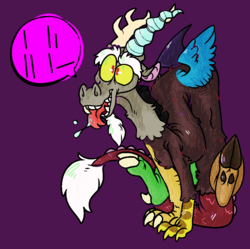 Size: 925x920 | Tagged: safe, artist:pony-puke, discord, draconequus, g4, beard, facial hair, loss (meme), male, mismatched wings, purple background, simple background, sitting, solo, speech bubble, tongue out, wings