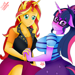 Size: 2520x2520 | Tagged: safe, artist:rockleerocks77, sci-twi, sunset shimmer, twilight sparkle, anthro, equestria girls, g4, my little pony equestria girls: better together, blushing, breasts, busty sunset shimmer, busty twilight sparkle, cute, female, high res, holding hands, lesbian, love, romance, shimmerbetes, ship:sci-twishimmer, ship:sunsetsparkle, shipping, simple background, twiabetes
