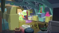 Size: 1440x808 | Tagged: safe, screencap, granny smith, earth pony, pony, brotherhooves social, g4, attic, box, clutter, female, frying pan, horse collar, ladder, mare, solo, spider web