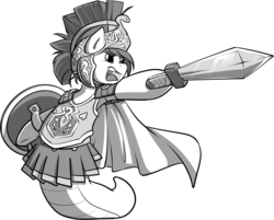 Size: 1518x1218 | Tagged: safe, artist:secret-pony, oc, oc only, lamia, original species, snake, buck legacy, armor, armor skirt, black and white, cape, card art, centurion, clothes, grayscale, helmet, male, menacing, monochrome, pauldron, shield, simple background, skirt, solo, sword, transparent background, weapon