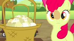 Size: 1440x809 | Tagged: safe, screencap, apple bloom, earth pony, pony, brotherhooves social, g4, balancing, basket, cute, egg, female, filly, foal, ponies balancing stuff on their nose, solo
