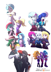 Size: 2480x3496 | Tagged: safe, artist:tofutiles, adagio dazzle, aria blaze, bon bon, bulk biceps, cloudy kicks, drama letter, fuchsia blush, lavender lace, lyra heartstrings, octavia melody, paisley, sonata dusk, sweet leaf, sweetie drops, tennis match, trixie, watermelody, equestria girls, g4, my little pony equestria girls: rainbow rocks, background human, female, high res, male, musical instrument, simple background, the dazzlings, trixie and the illusions, violin, white background