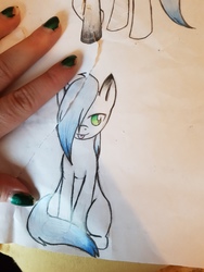 Size: 4032x3024 | Tagged: safe, artist:sachiko765, oc, oc only, pony, bad nailpolish, bedroom eyes, hair over one eye, hand, hand in picture, solo, tongue out, torn paper, traditional art