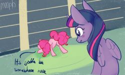 Size: 2276x1362 | Tagged: safe, artist:mooph, pinkie pie, twilight sparkle, alicorn, earth pony, pony, g4, blushing, butt, eyes on the prize, female, lesbian, looking at butt, mare, plot, scrunchy face, ship:twinkie, shipping, twilight sparkle (alicorn)