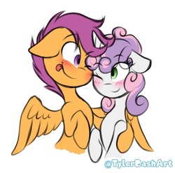 Size: 727x721 | Tagged: safe, artist:tylerdashart, scootaloo, sweetie belle, pegasus, pony, unicorn, g4, blushing, cute, female, filly, lesbian, looking at each other, one eye closed, ship:scootabelle, shipping, simple background, smiling, tongue out, white background