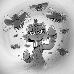 Size: 3000x3000 | Tagged: safe, artist:fimflamfilosophy, oc, oc only, oc:high priestess tathra, beetle, pony, snake, buck legacy, ankh, bandage, black and white, card art, egyptian, female, grayscale, high res, looking at you, mare, monochrome, peytral, scarab, simple background, this will end in pain, tiara