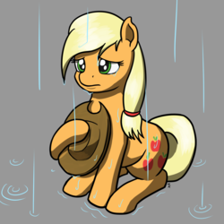 Size: 1280x1280 | Tagged: safe, artist:mkogwheel, applejack, earth pony, pony, g4, applejack's hat, cowboy hat, female, hat, mare, mlpg, rain, sad, sitting, solo