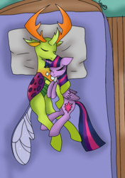 Size: 800x1136 | Tagged: safe, artist:hanayuri-chan, thorax, twilight sparkle, alicorn, changedling, changeling, pony, g4, antlers, bed, cuddling, female, king thorax, male, shipping, sleeping, smiling, snuggling, straight, twilight sparkle (alicorn), twirax