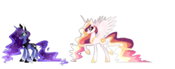 Size: 2122x838 | Tagged: safe, artist:iheyyasyfox, princess celestia, princess luna, alicorn, pony, g4, alternate design, constellation, ethereal mane, hoof shoes, raised hoof, simple background, starry mane, transparent background