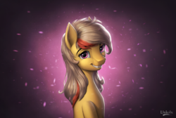 Size: 2876x1929 | Tagged: safe, artist:l1nkoln, oc, oc only, oc:applejuice, earth pony, pony, abstract background, bust, commission, female, high res, mare, portrait, signature, smiling, solo