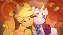 Size: 1280x720 | Tagged: safe, artist:lennonblack, applejack, rarity, earth pony, pony, unicorn, g4, autumn, beautiful, best friends, clothes, cowboy hat, cute, duo, eyes closed, female, freckles, hat, holiday, jackabetes, leaves, mare, nuzzling, raribetes, scarf, side hug, thanksgiving