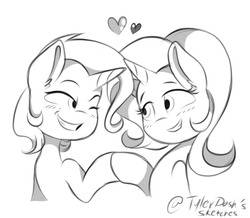 Size: 904x787 | Tagged: safe, artist:tylerdashart, starlight glimmer, trixie, pony, unicorn, g4, black and white, blushing, female, grayscale, heart, lesbian, lineart, looking at each other, mare, monochrome, one eye closed, ship:startrix, shipping, sketch, smiling, wink