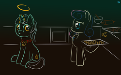 Size: 1165x720 | Tagged: safe, artist:quint-t-w, bon bon, lyra heartstrings, sweetie drops, earth pony, pony, g4, baking, bell, bell collar, bon bon's baking cookies girls, collar, halo, magic, simple background, sitting, sneaky