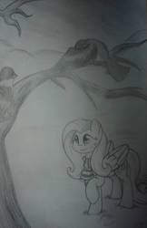 Size: 1024x1578 | Tagged: safe, artist:enviaart, fluttershy, bird, pegasus, pony, g4, clothes, female, monochrome, scarf, solo, traditional art, tree, tree branch, winter