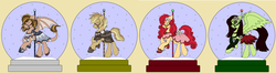 Size: 7472x1968 | Tagged: safe, artist:rosefang16, oc, oc only, oc:apple berry, oc:clockwork (ice1517), oc:flicker (ice1517), oc:white lilly, dracony, earth pony, hybrid, pegasus, pony, icey-verse, bridle, chest fluff, clothes, commission, dress, ear fluff, ear piercing, earring, eyebrow piercing, eyes closed, eyeshadow, female, flower, flower in hair, fluffy, glasses, jewelry, magical lesbian spawn, makeup, male, mare, next generation, nose piercing, offspring, parent:applejack, parent:derpy hooves, parent:doctor whooves, parent:strawberry sunrise, parents:applerise, parents:doctorderpy, piercing, pole, raised hoof, saddle, shoes, simple background, smiling, snow globe, stallion, tack, tan background, wall of tags, ych result
