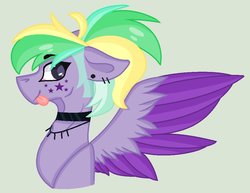Size: 1018x785 | Tagged: safe, artist:space--paws0w0, oc, oc only, oc:sky 'strings' star, pegasus, pony, choker, clothes, ear piercing, earring, female, gray background, jewelry, mare, necklace, piercing, ponytail, simple background, socks, solo, striped socks, tattoo