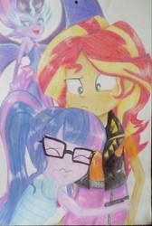 Size: 1291x1920 | Tagged: safe, artist:jeqdor, sci-twi, sunset shimmer, twilight sparkle, equestria girls, g4, my little pony equestria girls: better together, my little pony equestria girls: friendship games, confused, duality, glasses, laughing, midnight sparkle, photo, scared, self paradox, traditional art