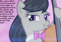 Size: 741x507 | Tagged: safe, edit, edited screencap, editor:korora, screencap, octavia melody, earth pony, pony, g4, slice of life (episode), bowtie, cello, cropped, dialogue, excited, implied neon lights, implied shipping, implied straight, implied vinyl scratch, implied vinylights, implied wedding, musical instrument
