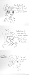 Size: 1280x3295 | Tagged: safe, artist:tjpones, fluttershy, twilight sparkle, alicorn, pegasus, pony, g4, black and white, chest fluff, clipboard, clothes, comic, dialogue, ear fluff, exclamation point, female, glasses, grayscale, hoof hold, implications, interrobang, lab coat, lineart, mare, monochrome, pervert, question mark, simple background, traditional art, twilight sparkle (alicorn), unfortunate implications