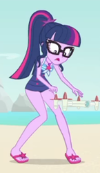 Size: 1221x2100 | Tagged: safe, screencap, sci-twi, twilight sparkle, equestria girls, equestria girls series, forgotten friendship, g4, beach, clothes, drone, feet, female, flip-flops, geode of telekinesis, glasses, legs, magical geodes, ponytail, sandals, sci-twi swimsuit, selfie drone, sleeveless, solo, swimsuit