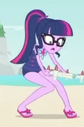 Size: 1394x2100 | Tagged: safe, screencap, sci-twi, twilight sparkle, equestria girls, equestria girls specials, g4, my little pony equestria girls: better together, my little pony equestria girls: forgotten friendship, beach, clothes, cropped, drone, feet, female, flip-flops, glasses, legs, one-piece swimsuit, sandals, sci-twi swimsuit, selfie drone, sleeveless, solo, swimsuit
